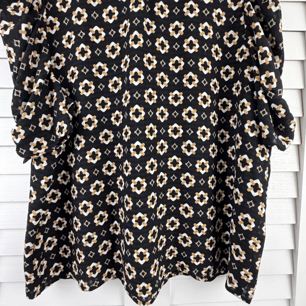 LOFT Blouse XL Black Geometric Ruffle Neck Puff Sleeve NEW